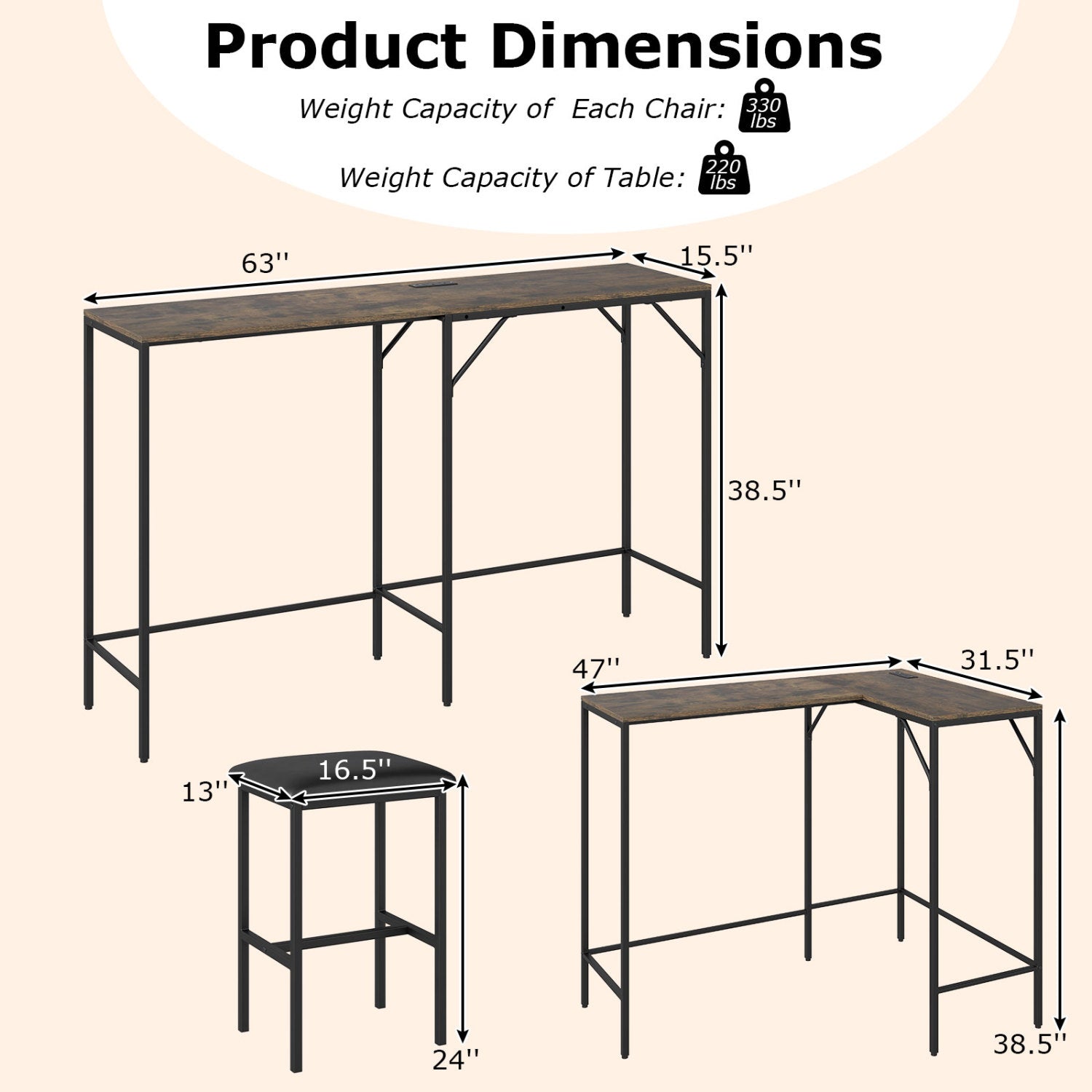 3-Piece Convertible Dining Set with Built-In Charging Station