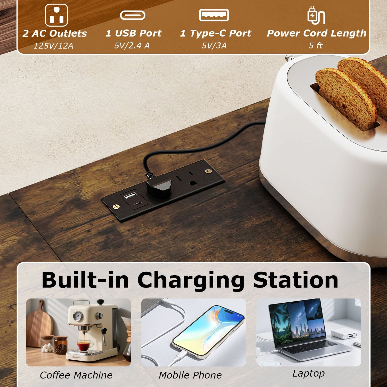 3-Piece Convertible Dining Set with Built-In Charging Station