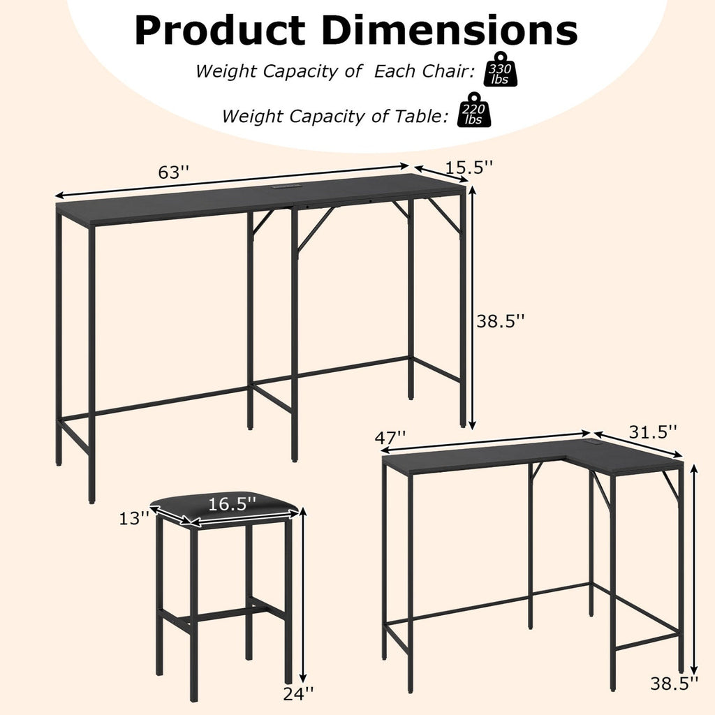 3-Piece Convertible Dining Set with Built-In Charging Station