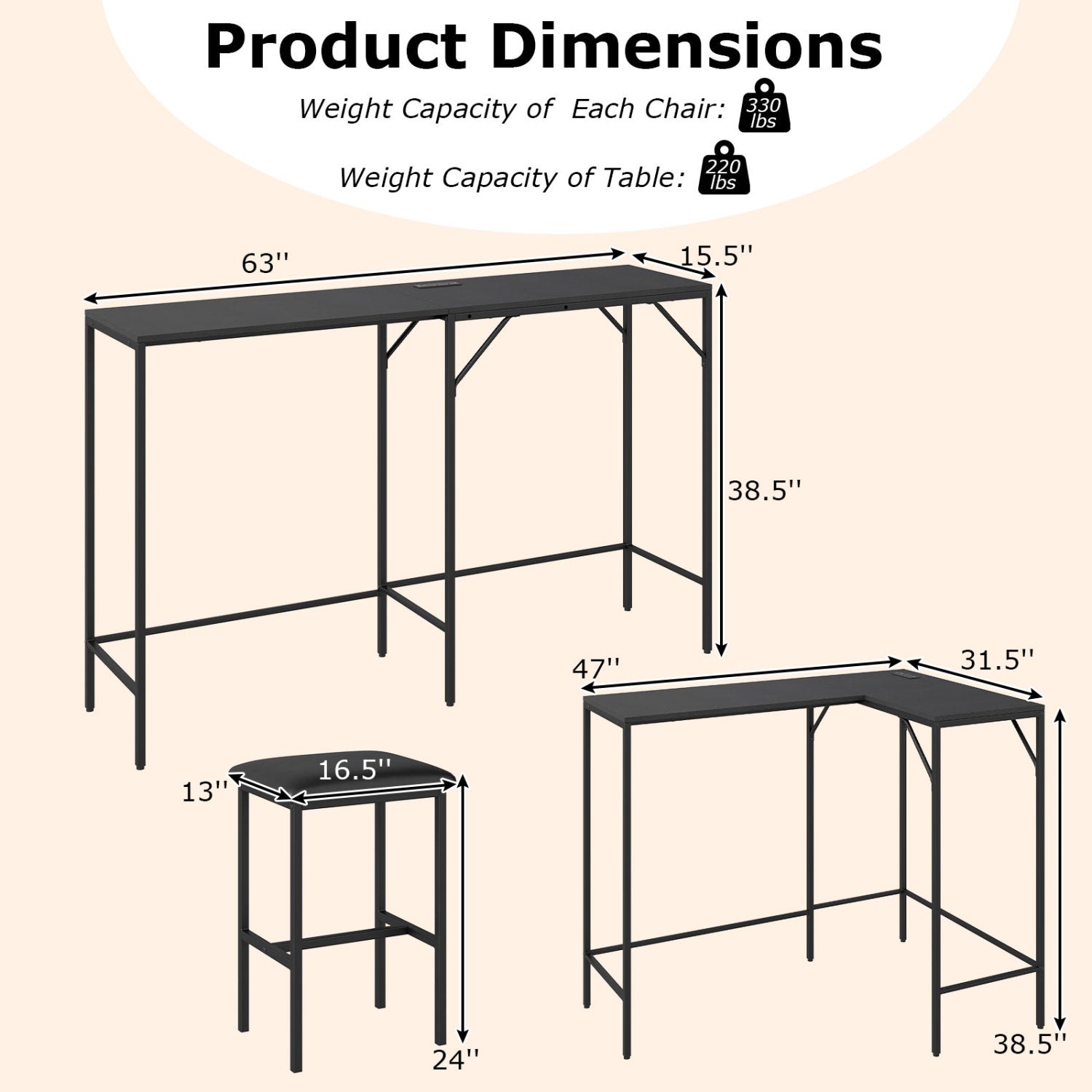 3-Piece Convertible Dining Set with Built-In Charging Station