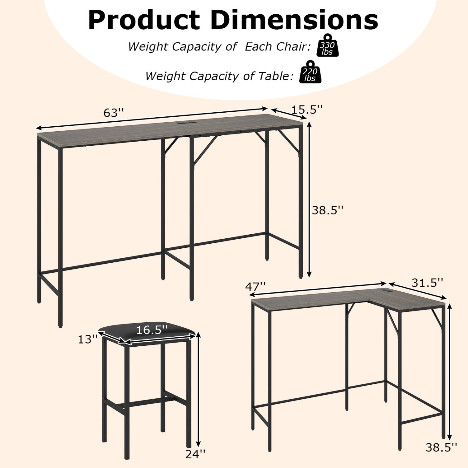 3-Piece Convertible Dining Set with Built-In Charging Station
