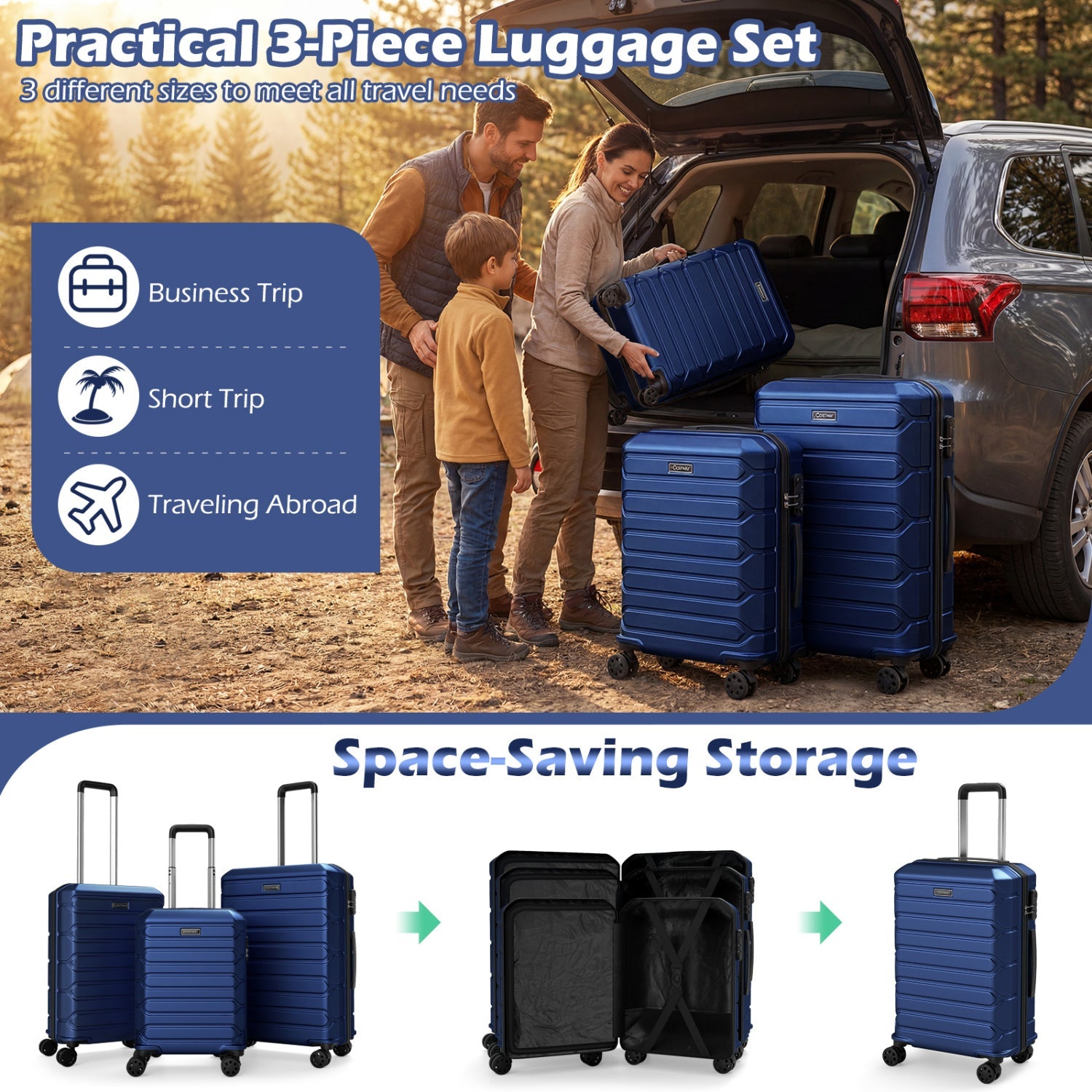 3-Piece Hardside Luggage Set Lightweight Hardside Suitcases with 8-Spinner Wheels