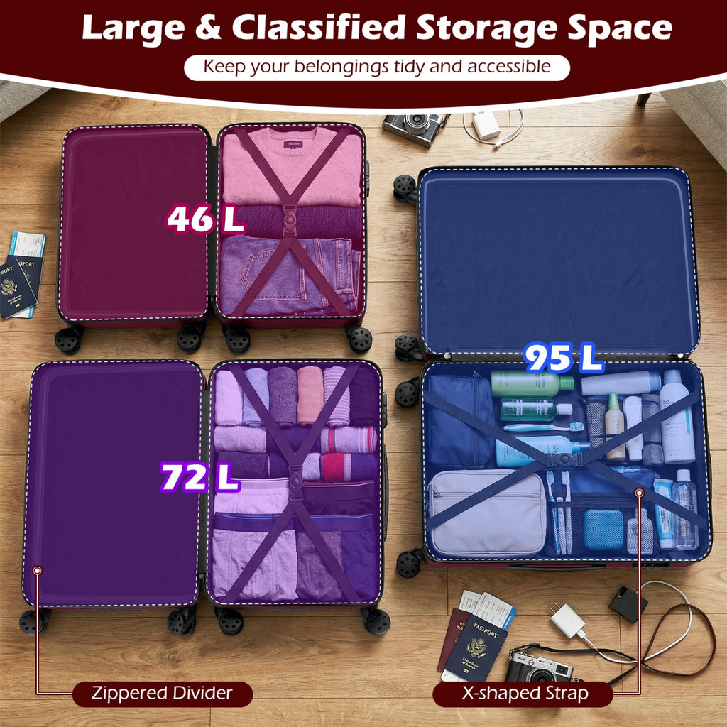 3-Piece Hardside Luggage Set Lightweight Hardside Suitcases with 8-Spinner Wheels