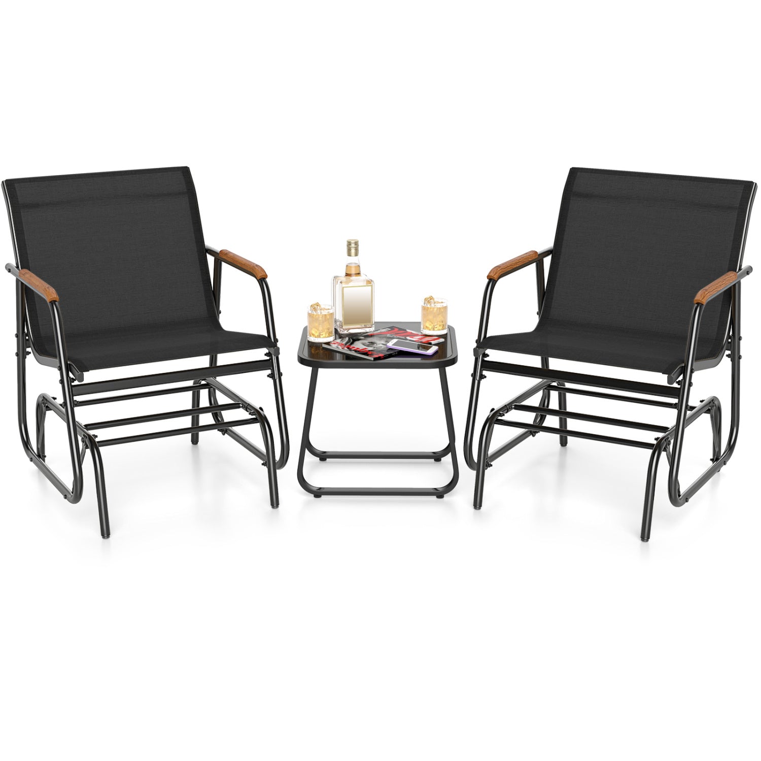 3-Piece Outdoor Glider Bistro Set with Tempered Glass Table
