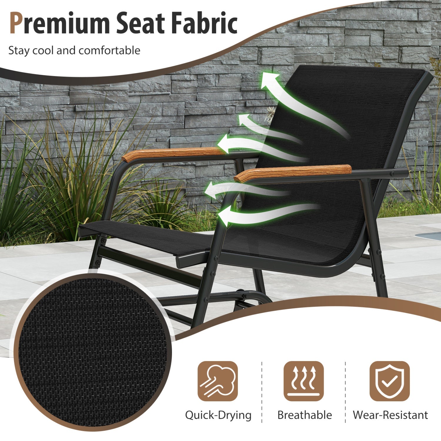 3-Piece Outdoor Glider Bistro Set with Tempered Glass Table