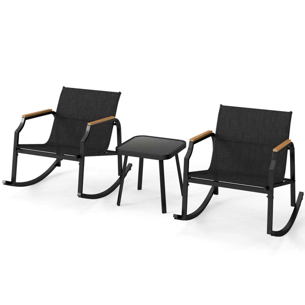 3-Piece Patio Rocking Bistro Set with Glass Coffee Table