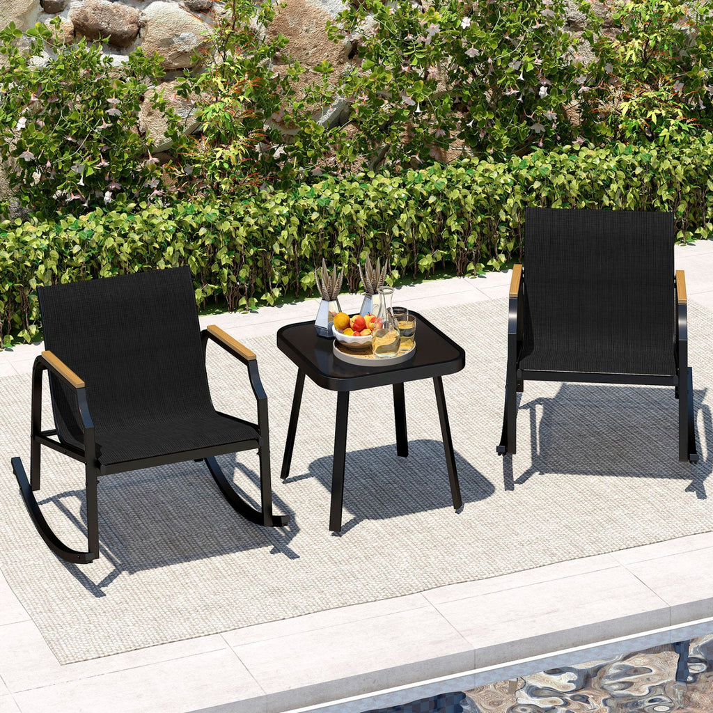 3-Piece Patio Rocking Bistro Set with Glass Coffee Table