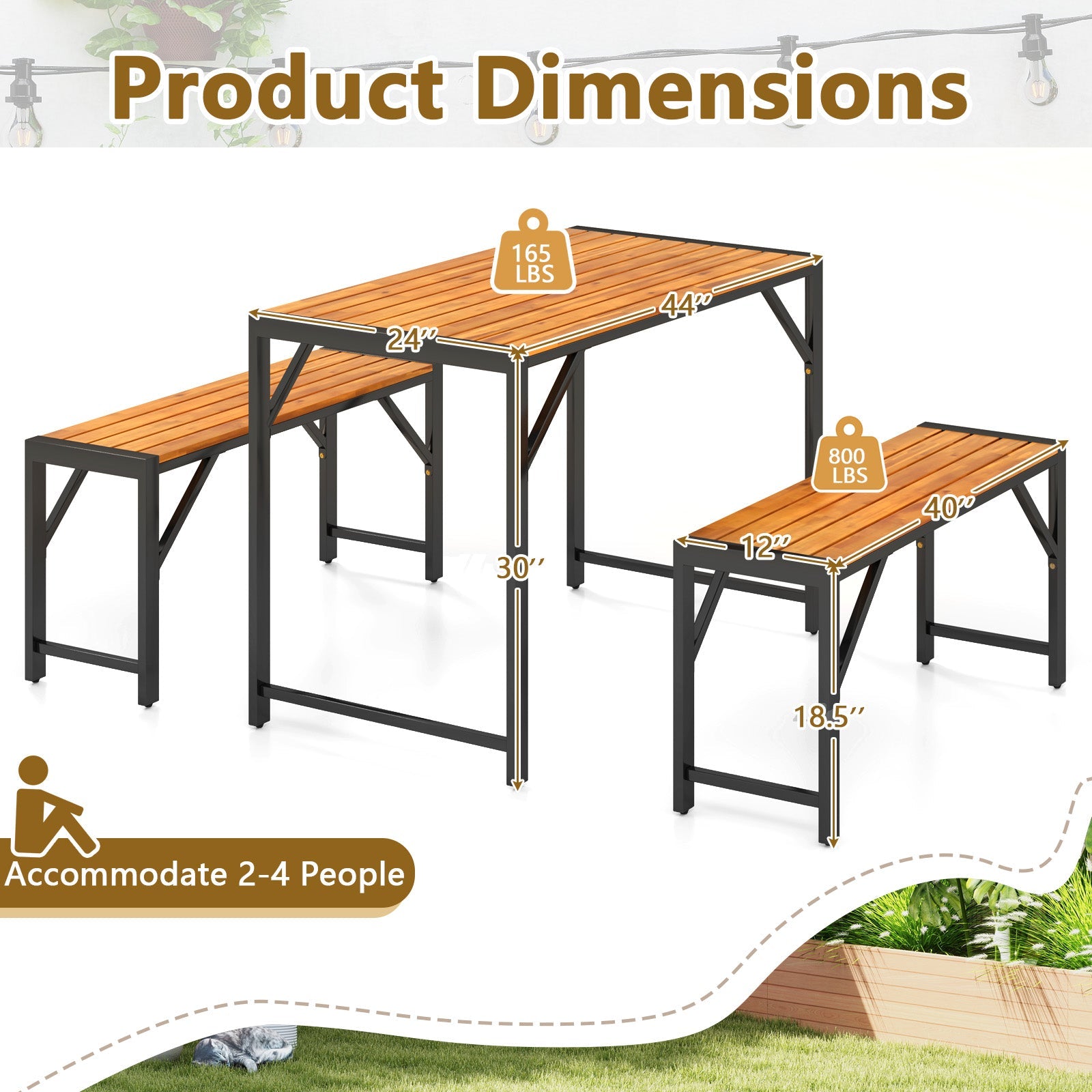 3 Pieces Patio Dining Set with Picnic Table and 2 Benches for 4 People