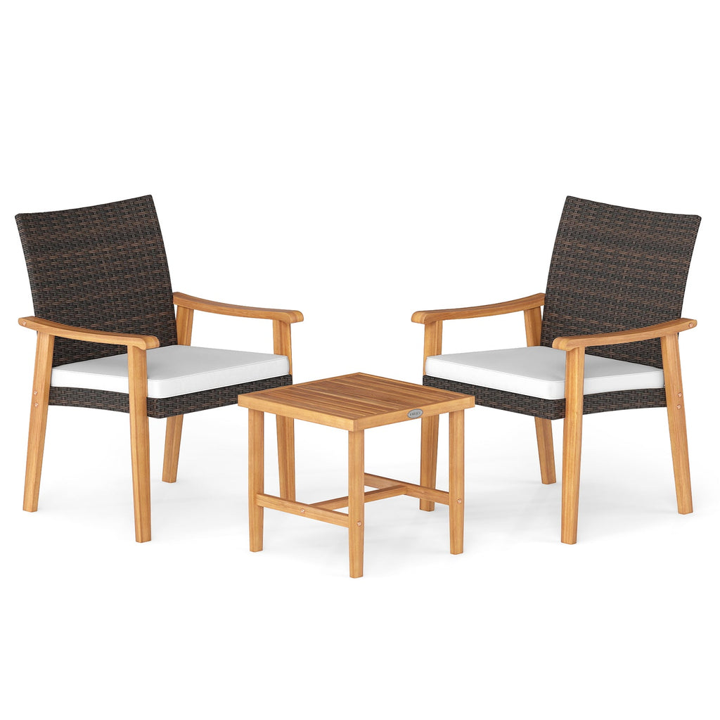 3 Pieces Patio PE Wicker Furniture Set Acacia Wood Outdoor Conversation Bistro Set-White