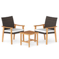 3 Pieces Patio PE Wicker Furniture Set Acacia Wood Outdoor Conversation Bistro Set-White