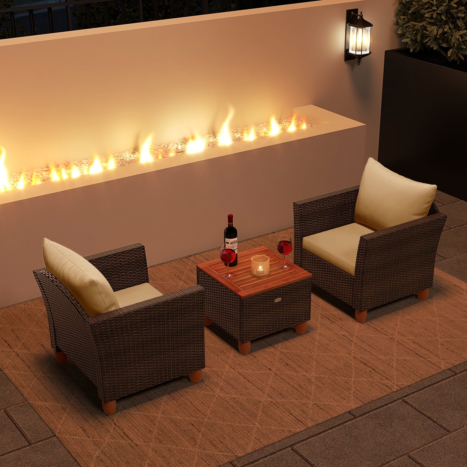3 Pieces Patio Rattan Bistro Furniture Set with Wooden Table Top
