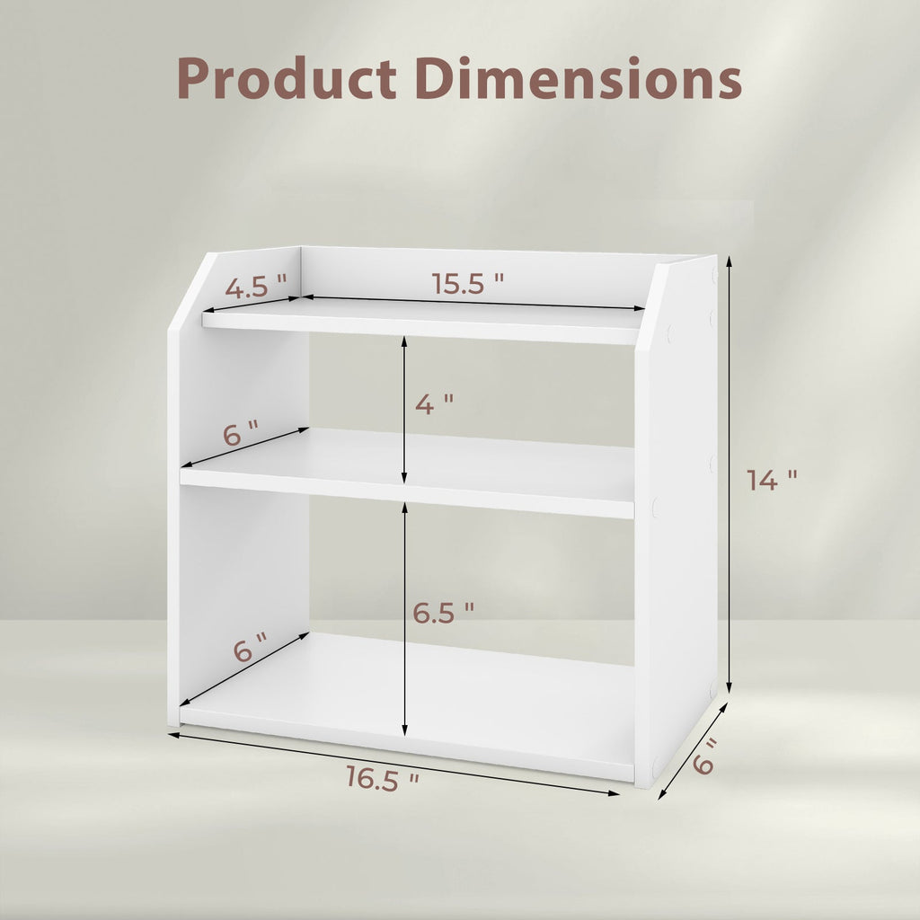 3-Tier Desktop Bookshelf Wooden Countertop Bookcase with Raised Top Guardrails-White