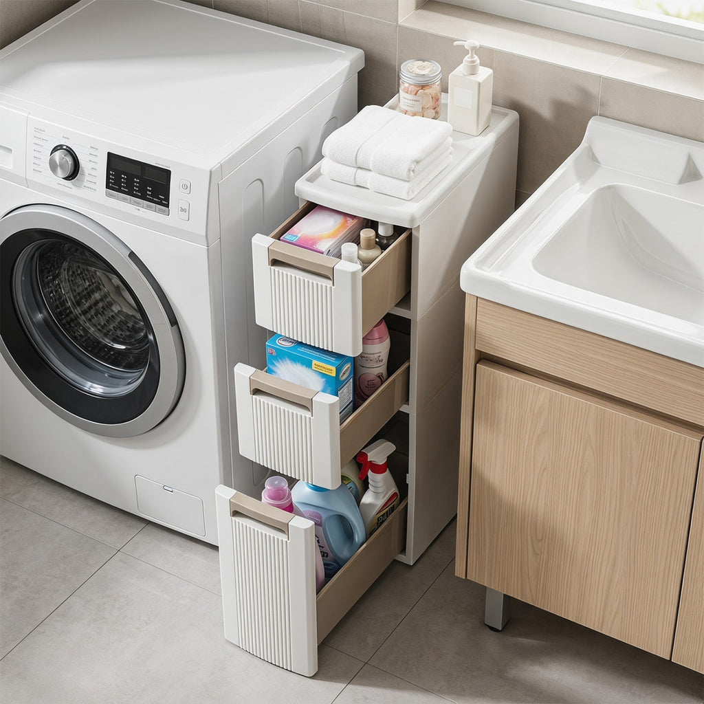 Narrow Storage Cabinet with Drawers and Removable Dividers
