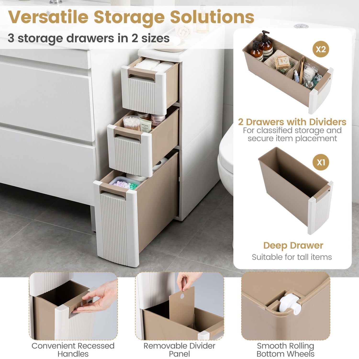 Narrow Storage Cabinet with Drawers and Removable Dividers