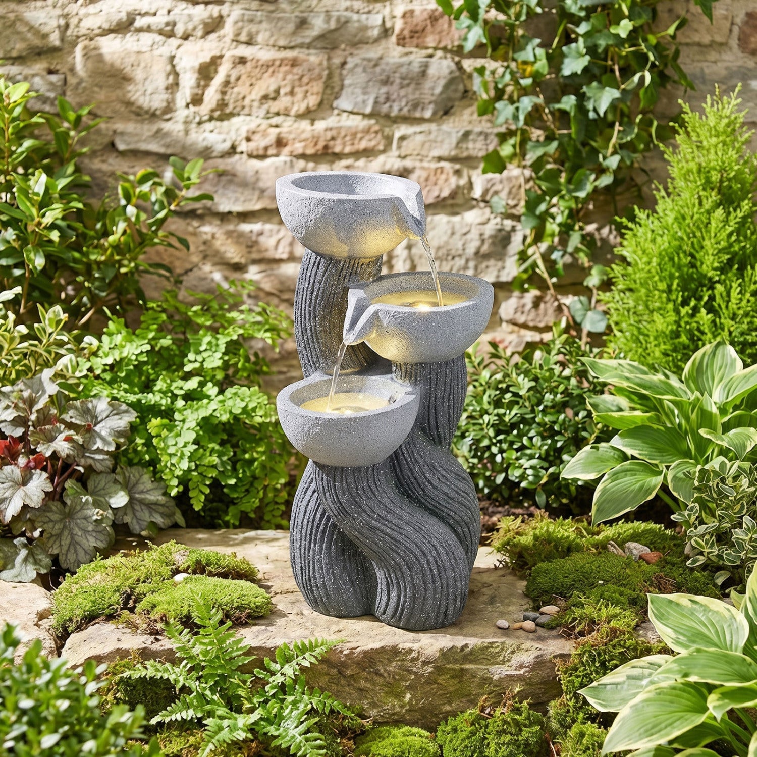 3-Tier Outdoor Water Fountain with LED Lights, 18.5 Inch