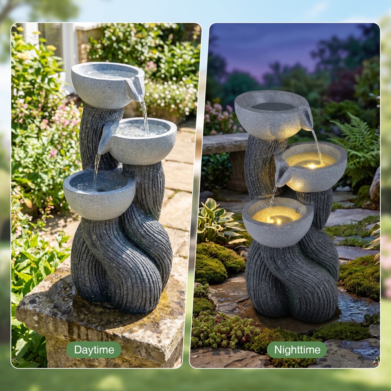 3-Tier Outdoor Water Fountain with LED Lights, 18.5 Inch