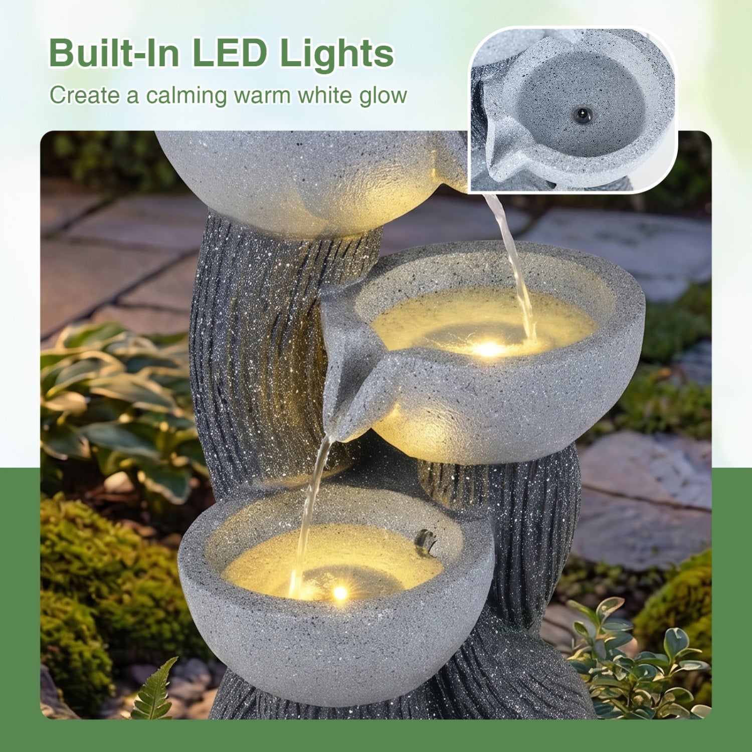 3-Tier Outdoor Water Fountain with LED Lights, 18.5 Inch