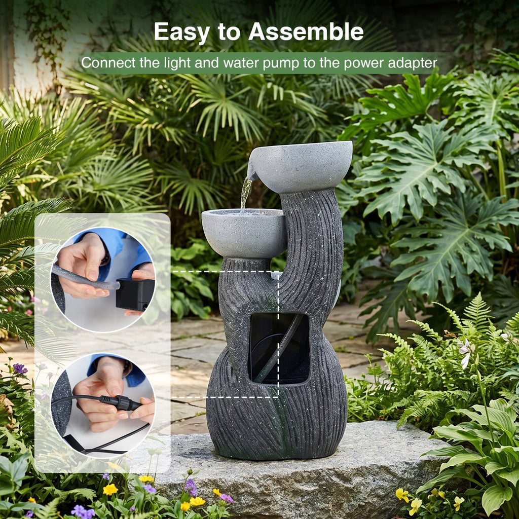 3-Tier Outdoor Water Fountain with LED Lights, 18.5 Inch