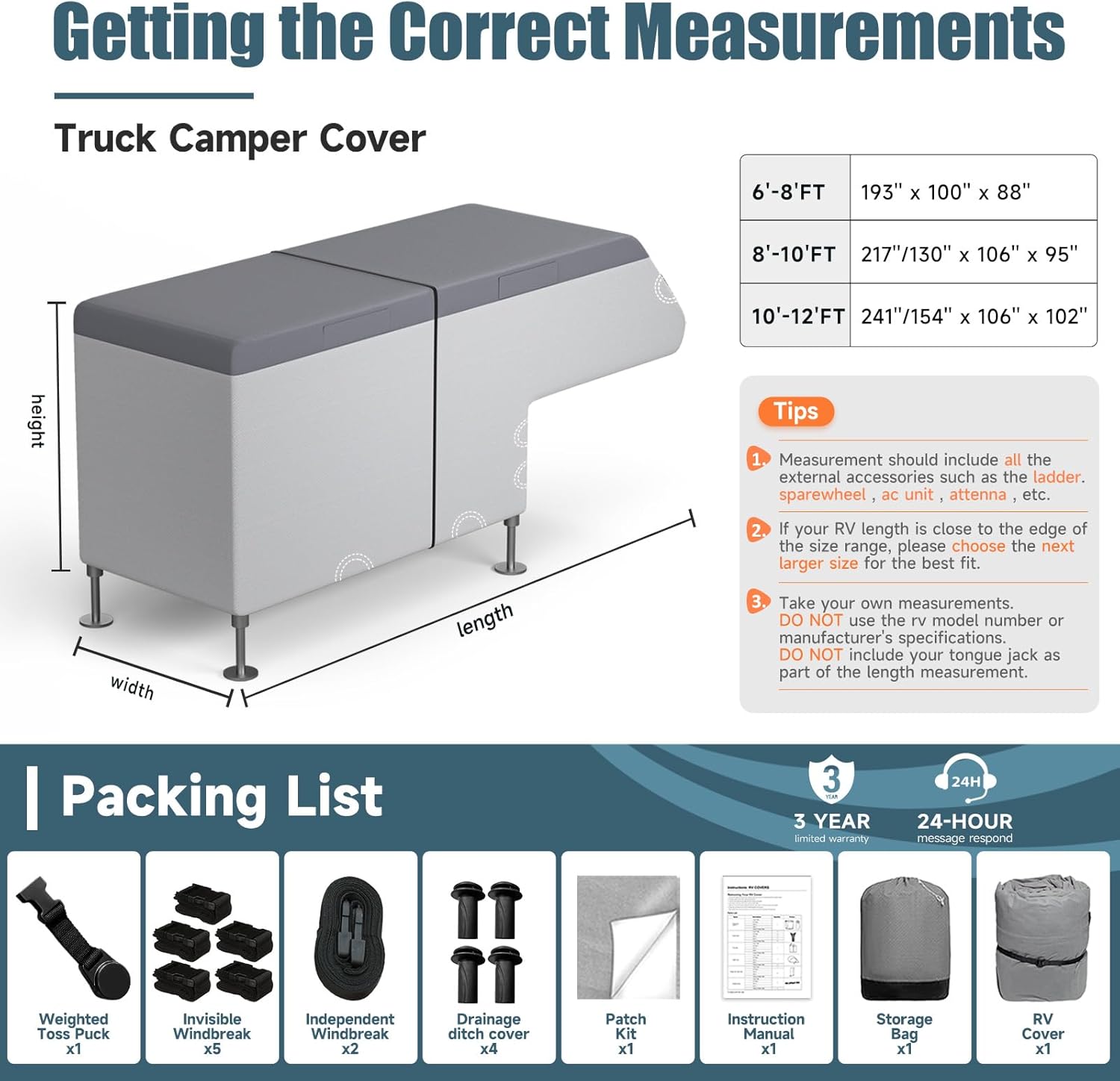 Umbrauto Truck Camper Cover 7-Layer Anti-Tear Top, RVs All Season Protection with Gutter Cover,Windproof Straps
