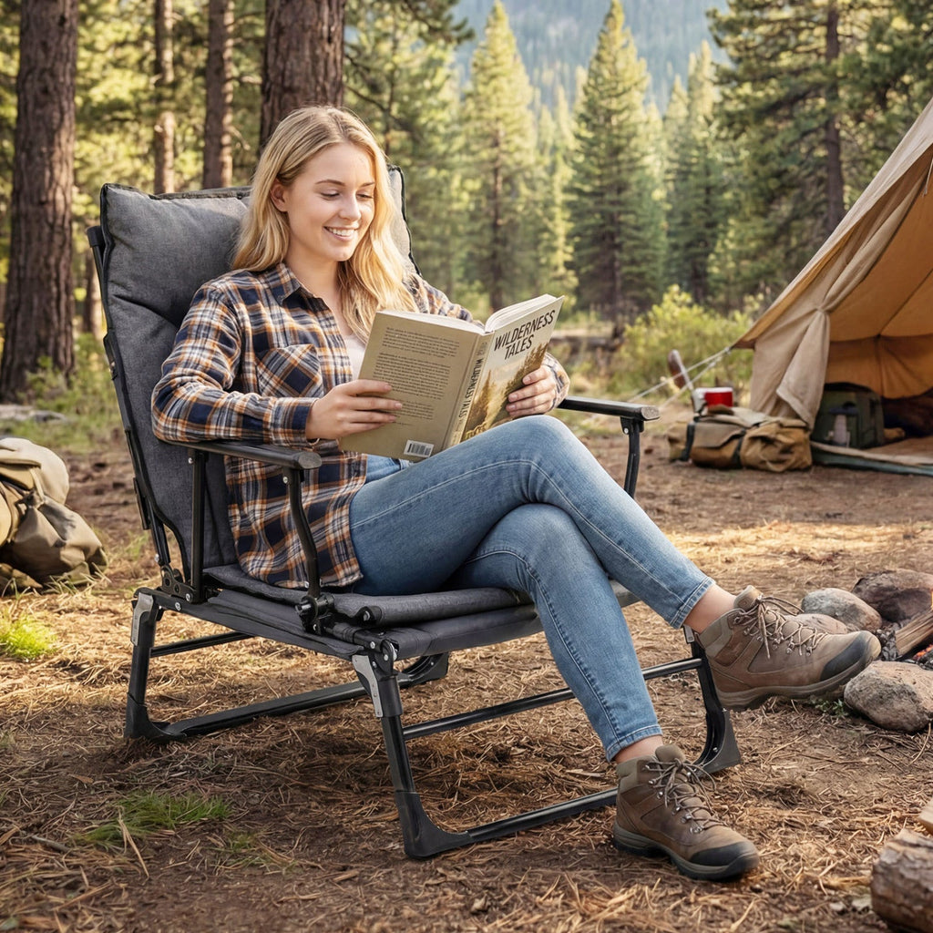 3 in 1 Folding Camping Cot and Comfy Padded Convertible Single Sofa Chair-Gray