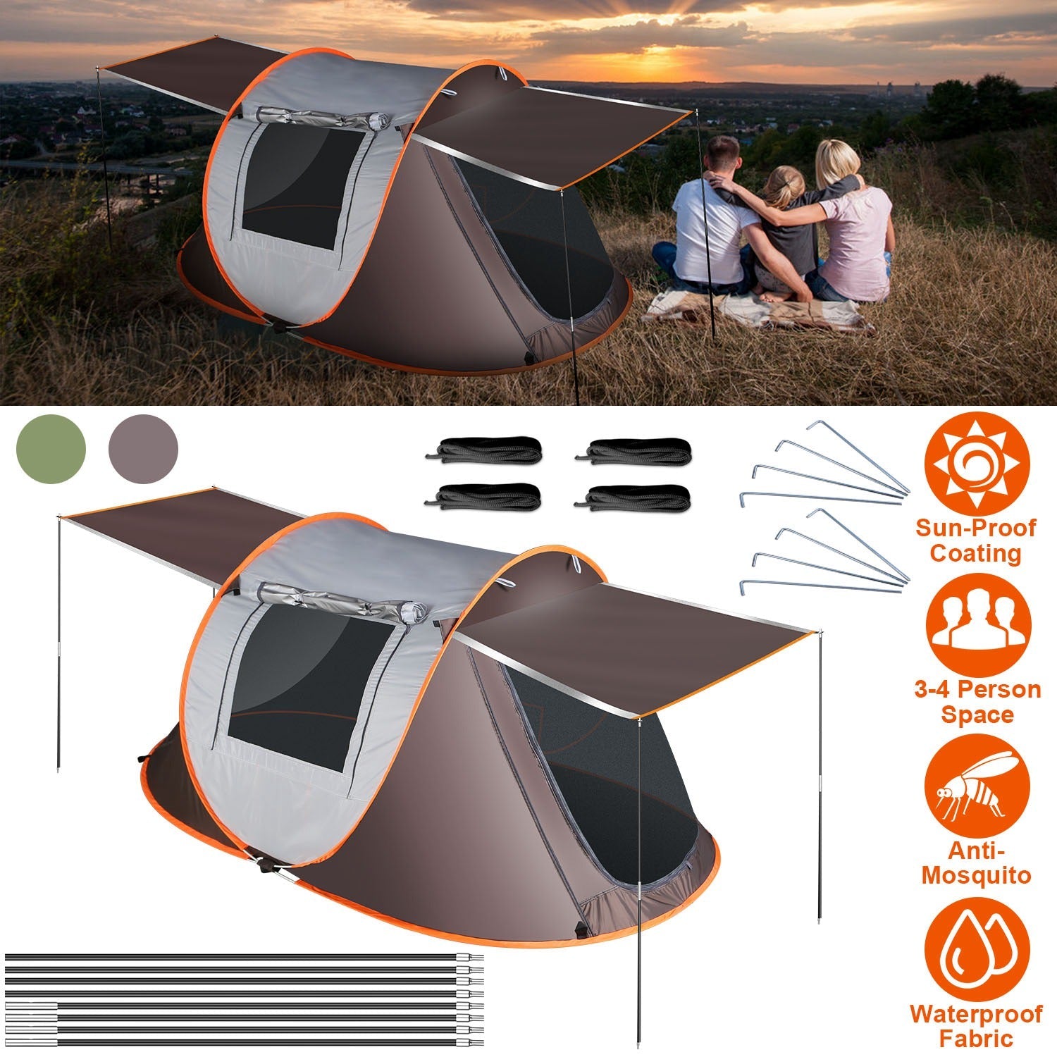 3-4 Person Pop Up Tent Automatic Setup Camping Tent Waterproof Instant Setup Tent with 2 Mosquito Net Windows Carrying Bag for Hiking Climbing Adventu