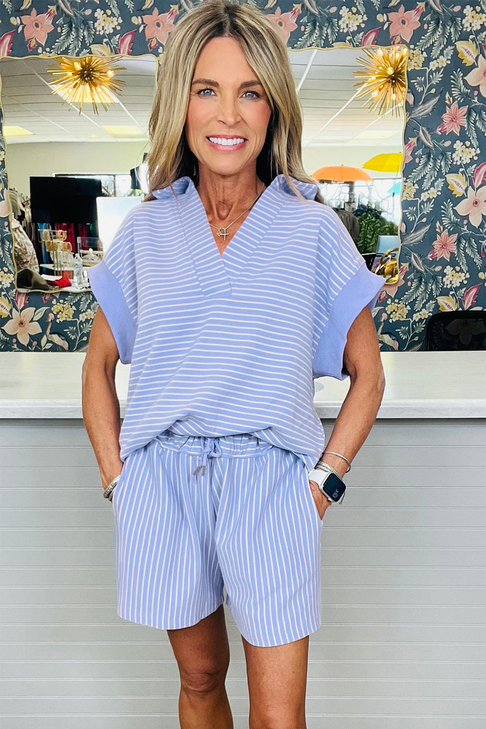 Sky Blue Stripe Dolman Sleeve Polo Shirt and Drawstring Shorts Set