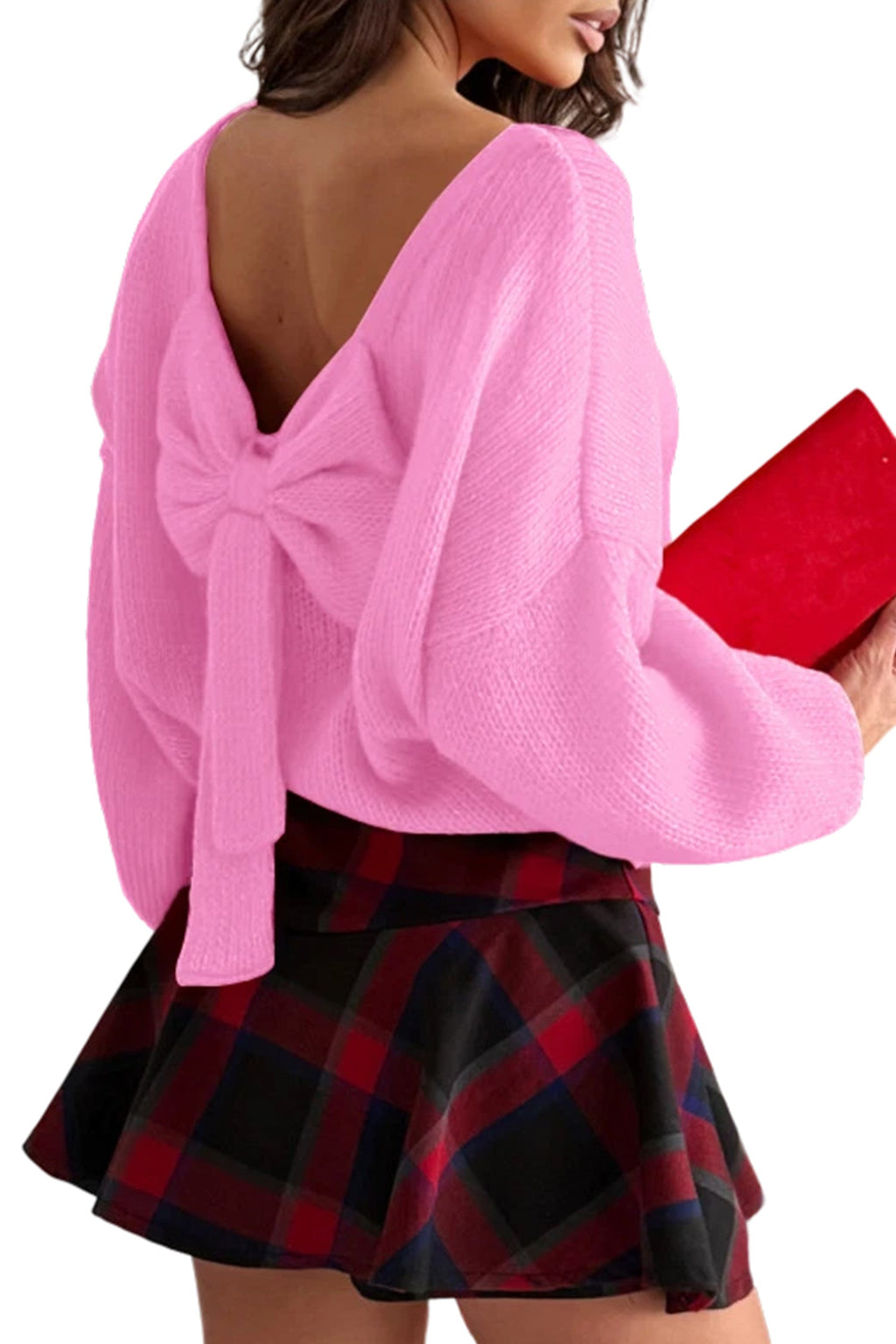 Black Bow Backless Bubble Sleeve Sweater