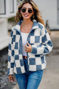 Elegant Checkered Snap Down Long Sleeve Teddy Jacket Soft & Warm Colorful Jacket