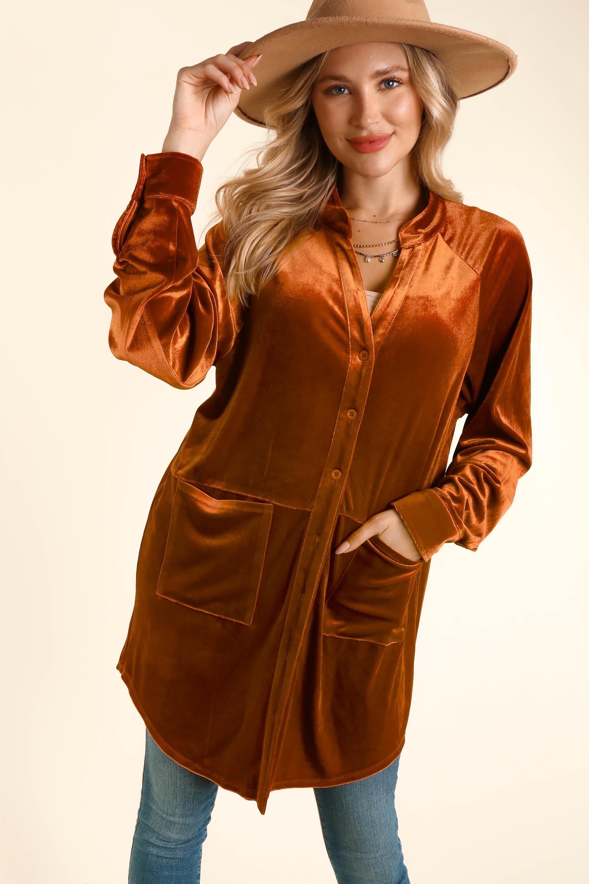 PLUS VELVET BUTTON DOWN TUNIC TOP WITH POCKET