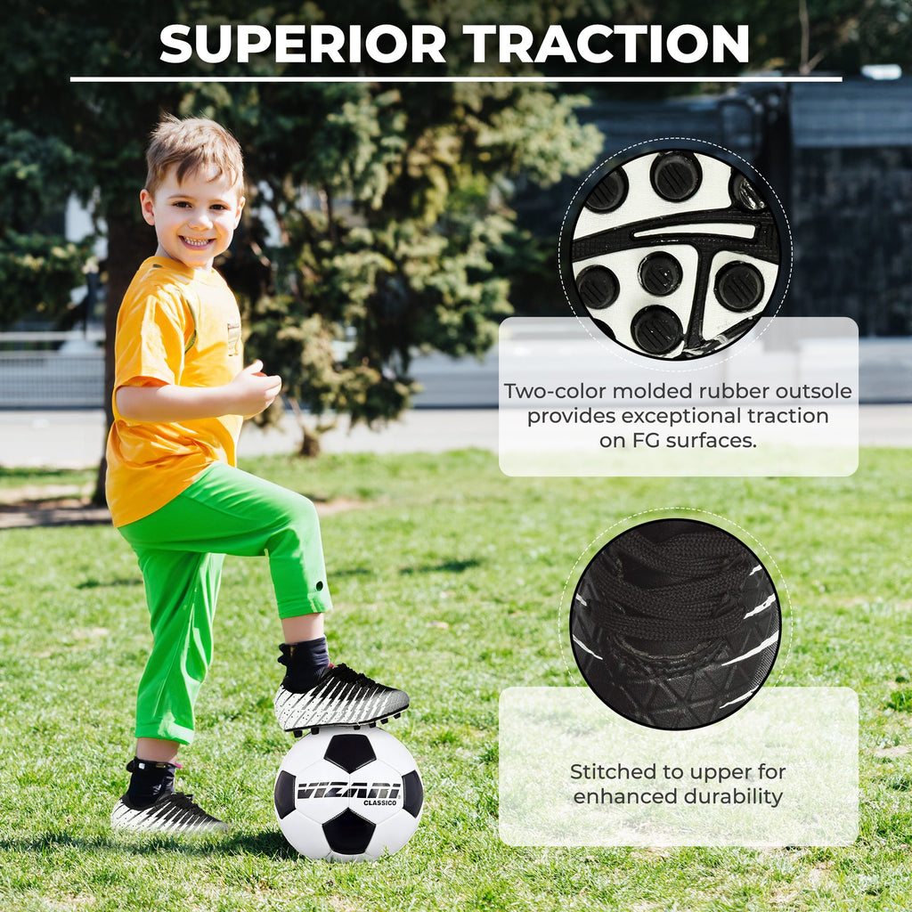Kids Firm Ground Soccer Cleats – Black/White/Silver