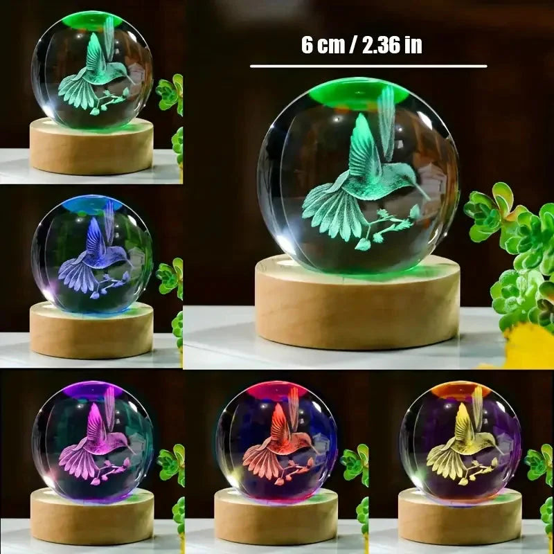 3D Laser Engraved Hummingbird Crystal Ball Ornament Gift