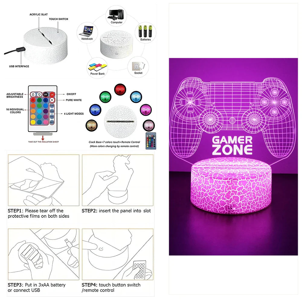 3D LED Neon Gamer Lamp - RGB Acrylic Night Light with Remote & Touch for Kids & Gaming Room - PhishStones Products