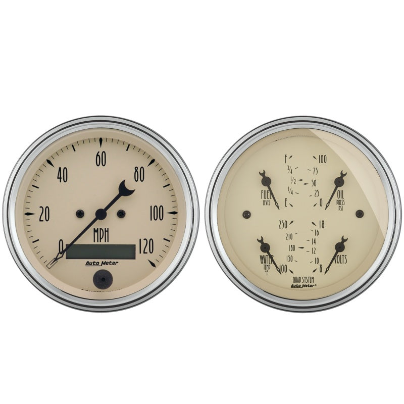 AutoMeter Gauge Kit 2 Pc. Quad & Speedometer 3-3/8in. Antique Beige 1800