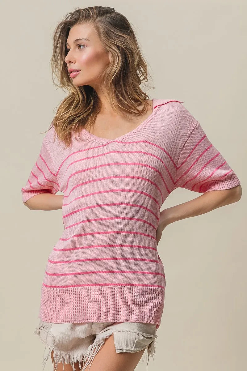 BiBi Stripe Short Sleeves Collared V Neck Top