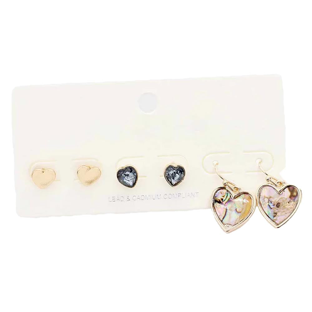 3Pairs - Metal Stone Abalone Heart Earrings