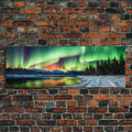 Aurora Borealis, Northern Lights Panoramic Framed Canvas Print, Beautiful Winter Wonderland Landscape Painting