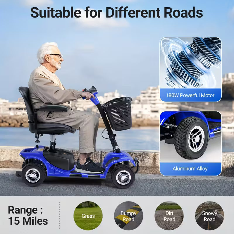 4-Wheel Electric Mobility Scooter with 180W Powerful Motor, 15-Mile Range, Collapsible & Compact Design,
