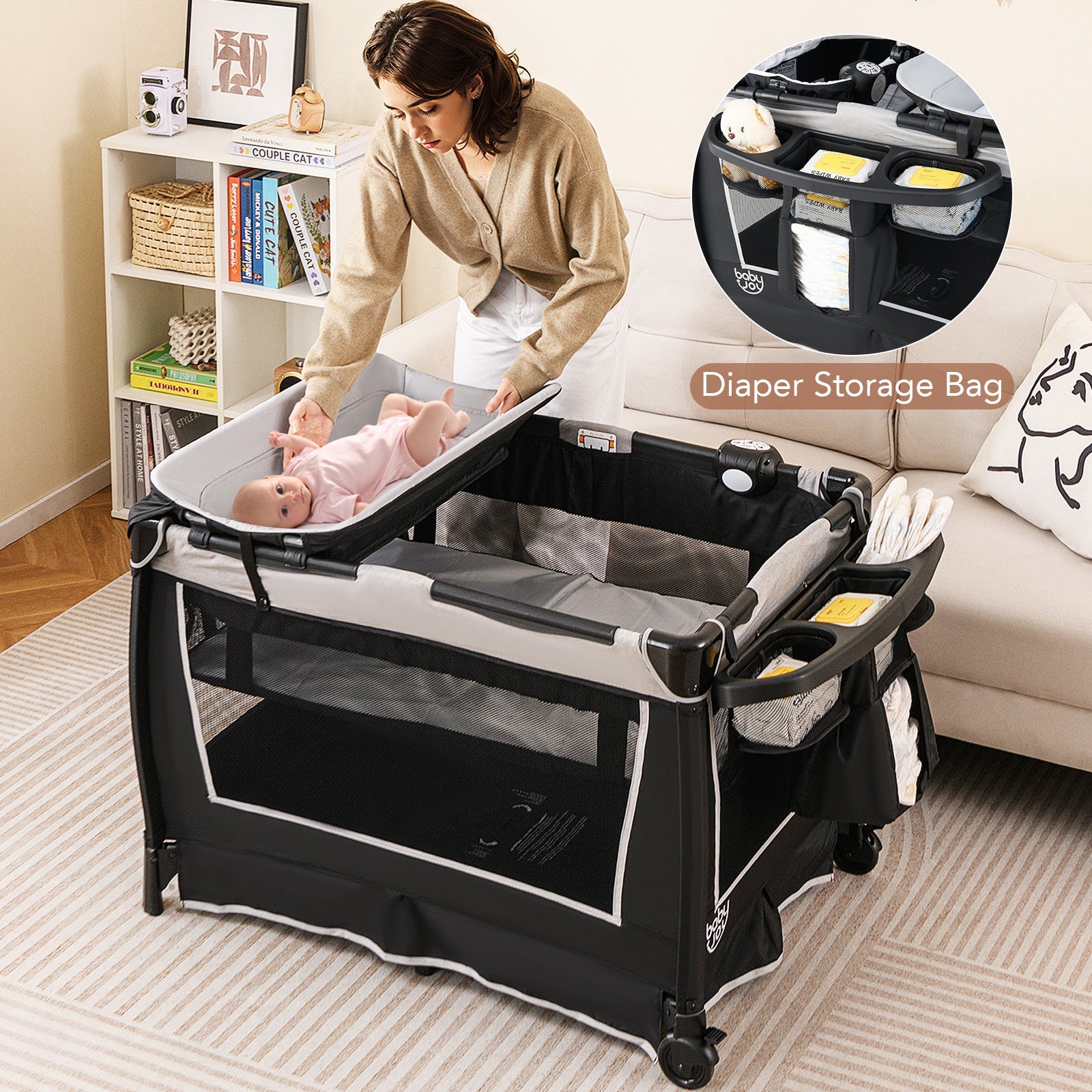 4-in-1 Convertible Portable Baby Play Yard with Toys and Music Player-Gray