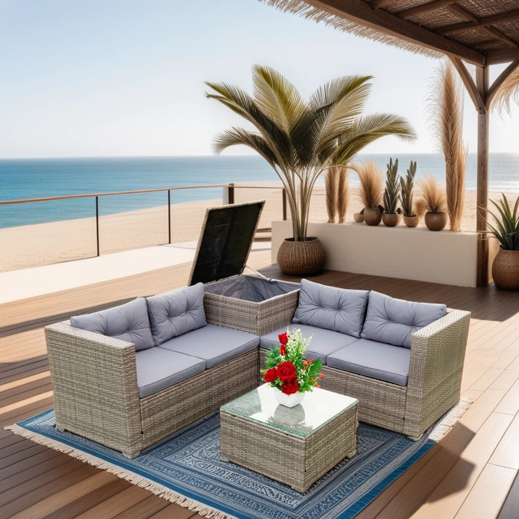4 Piece Patio Sectional Wicker Rattan Outdoor Furniture Sofa Set With Storage Box - PhishStones Products