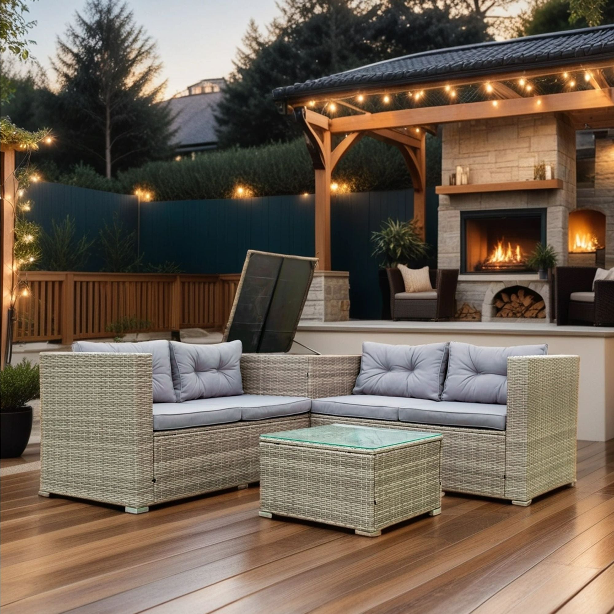 4 Piece Patio Sectional Wicker Rattan Outdoor Furniture Sofa Set With Storage Box - PhishStones Products