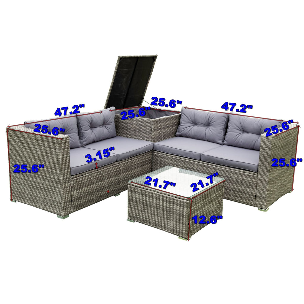 4 Piece Patio Sectional Wicker Rattan Outdoor Furniture Sofa Set With Storage Box - PhishStones Products