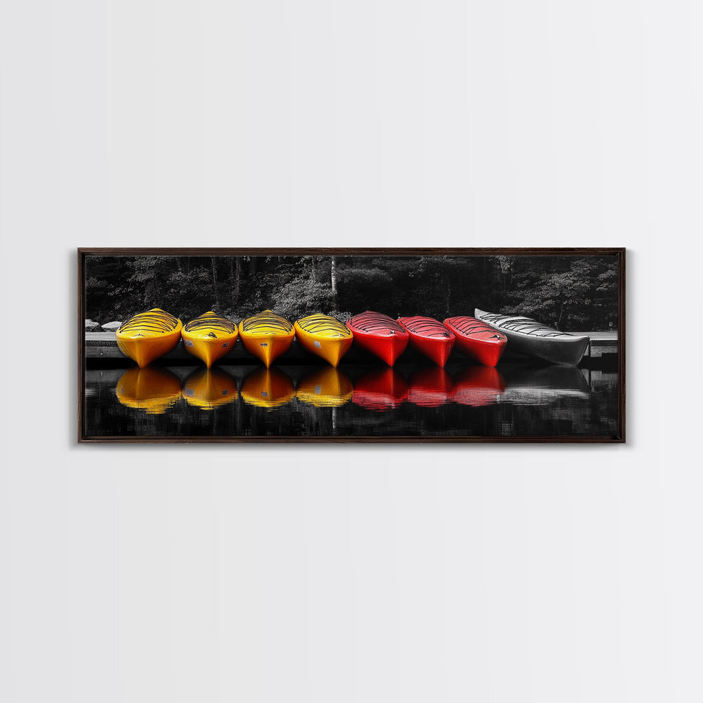 Canoes Docked, Reflection Scene, Kayak Art, Framed Canvas Print, Adventure Wall Art, Boho Water Sports, Cabin Living Room Decor