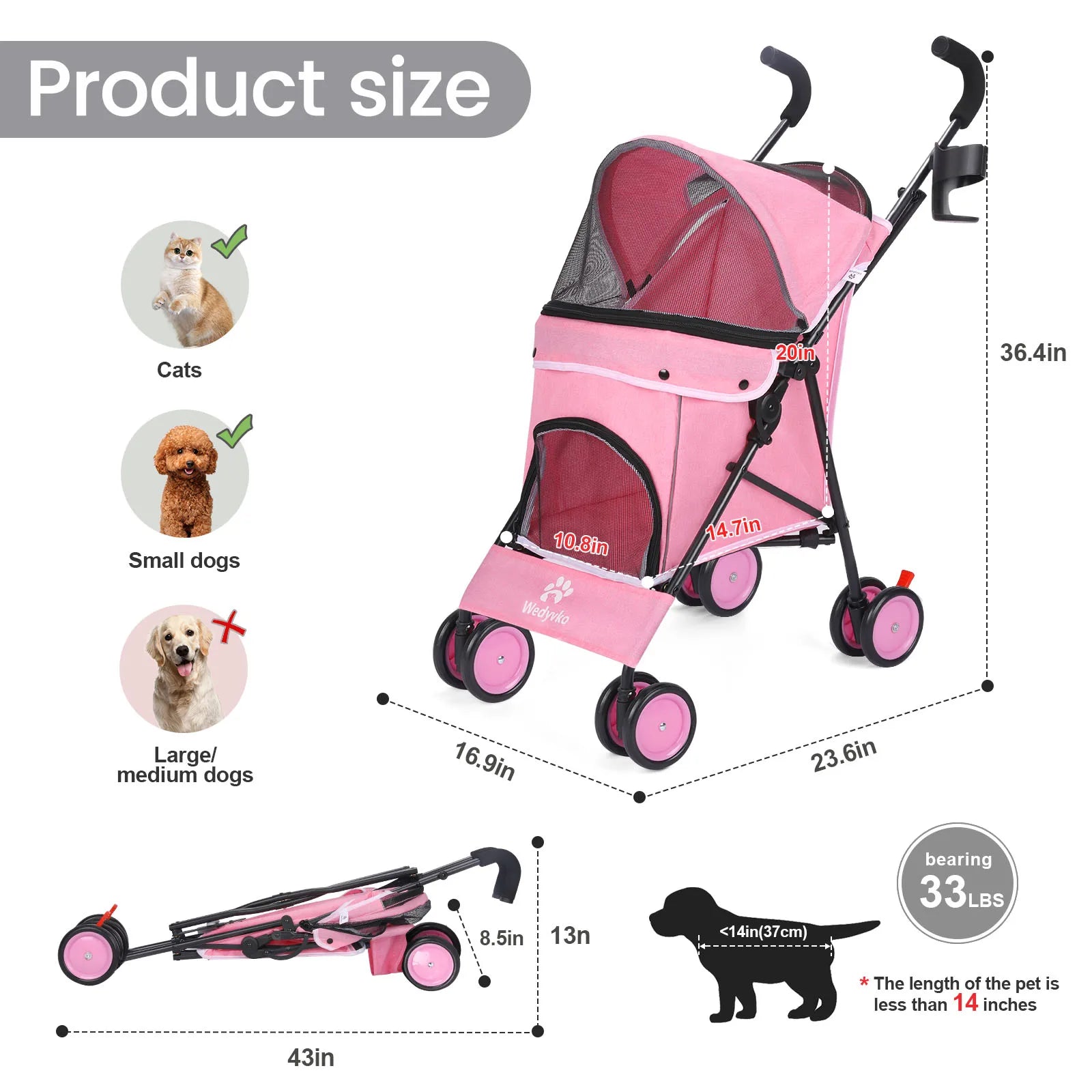 4 - Wheel Pet Stroller for Dogs & Cats with Rotating Front Wheels, Brakes and Storage for Travel & Outdoor - PhishStones Products