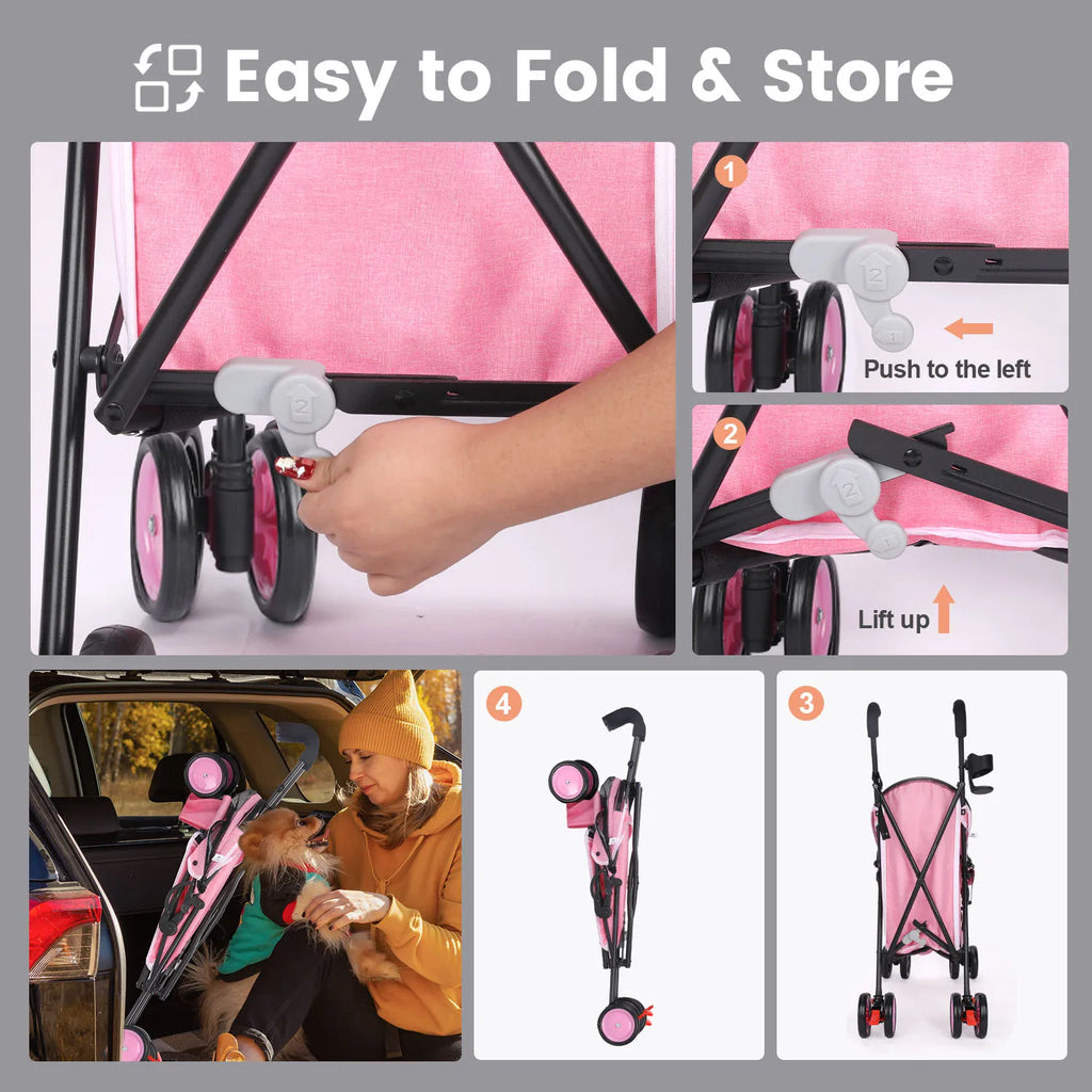 4 - Wheel Pet Stroller for Dogs & Cats with Rotating Front Wheels, Brakes and Storage for Travel & Outdoor - PhishStones Products