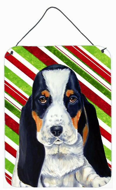 Basset Hound Candy Cane Holiday Christmas Wall or Door Hanging Prints Aluminum Metal Sign Kitchen Wall Bar Bathroom Plaque Home Decor Front Door Plaque, 12x16, Multicolor