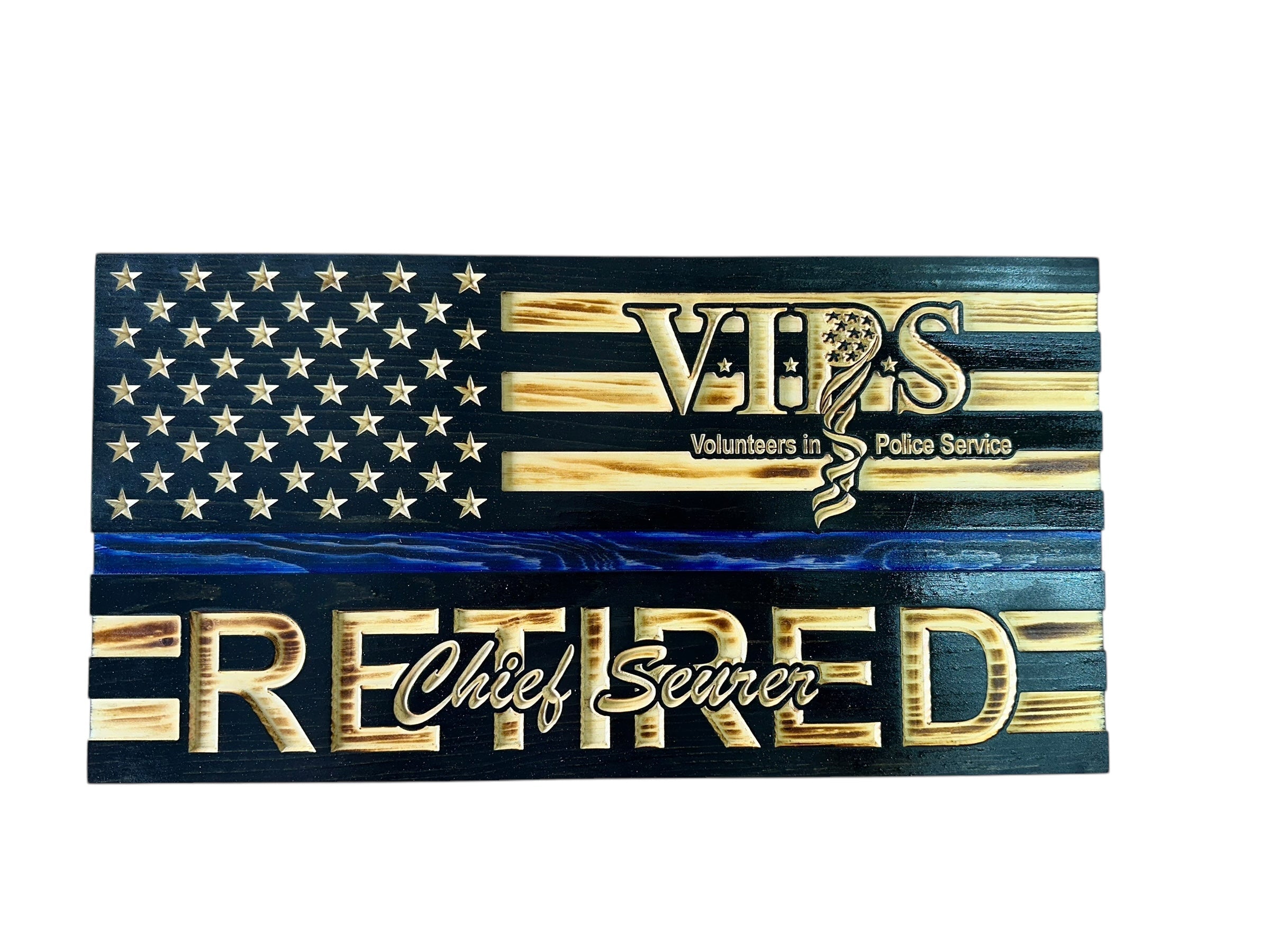 Custom Retirement Wooden American Flag with Engraved Badges