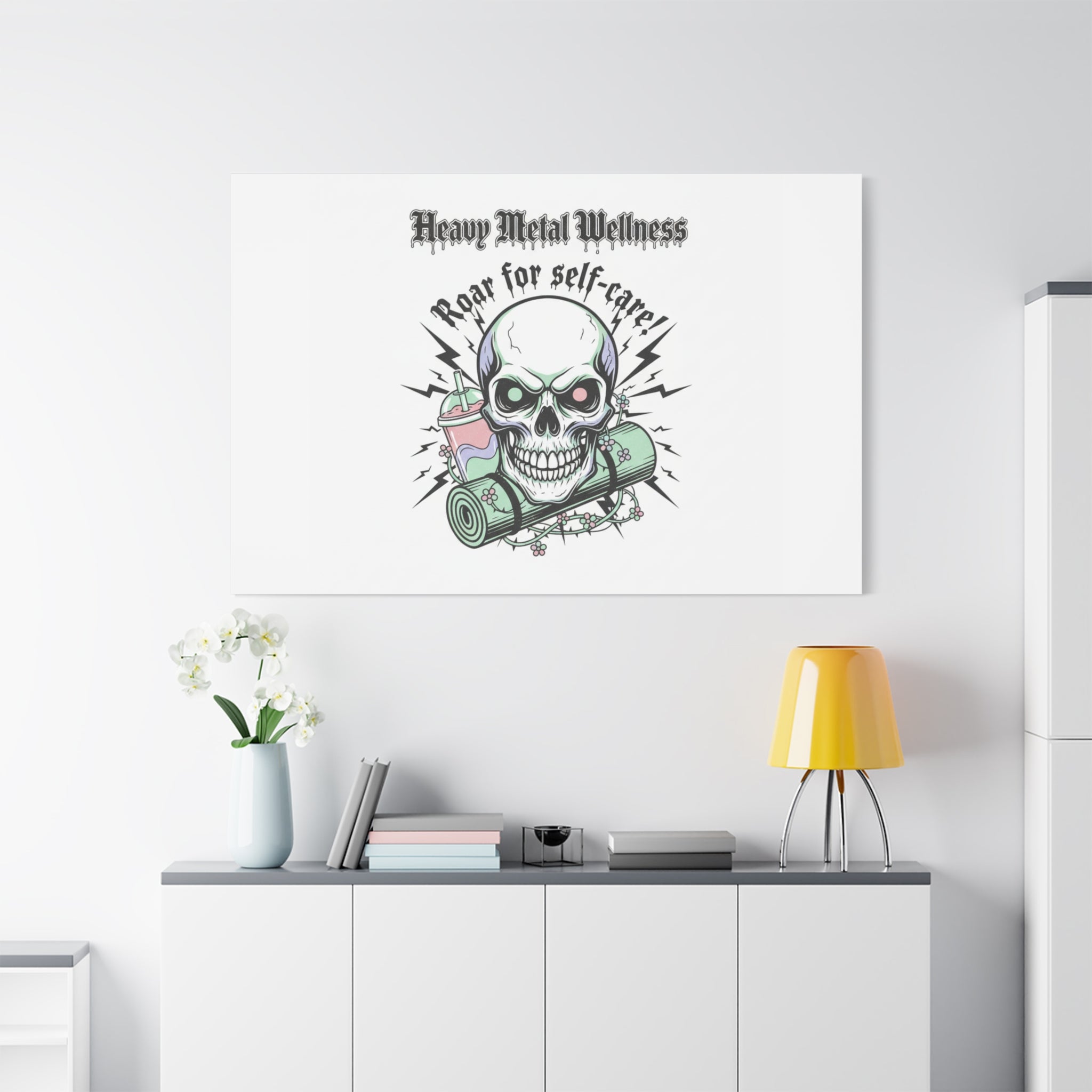 Roar for Self-Care Skull Canvas | heavy metal wellness, gothic wellness quote