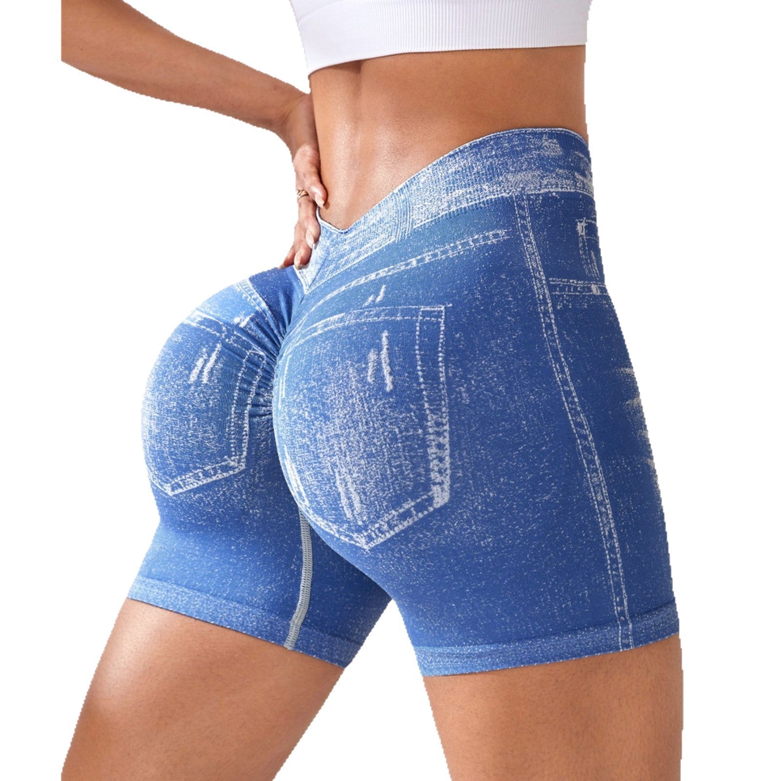 Seamless Denim-Look Yoga Shorts – Back V-Waist Hip-Lifting