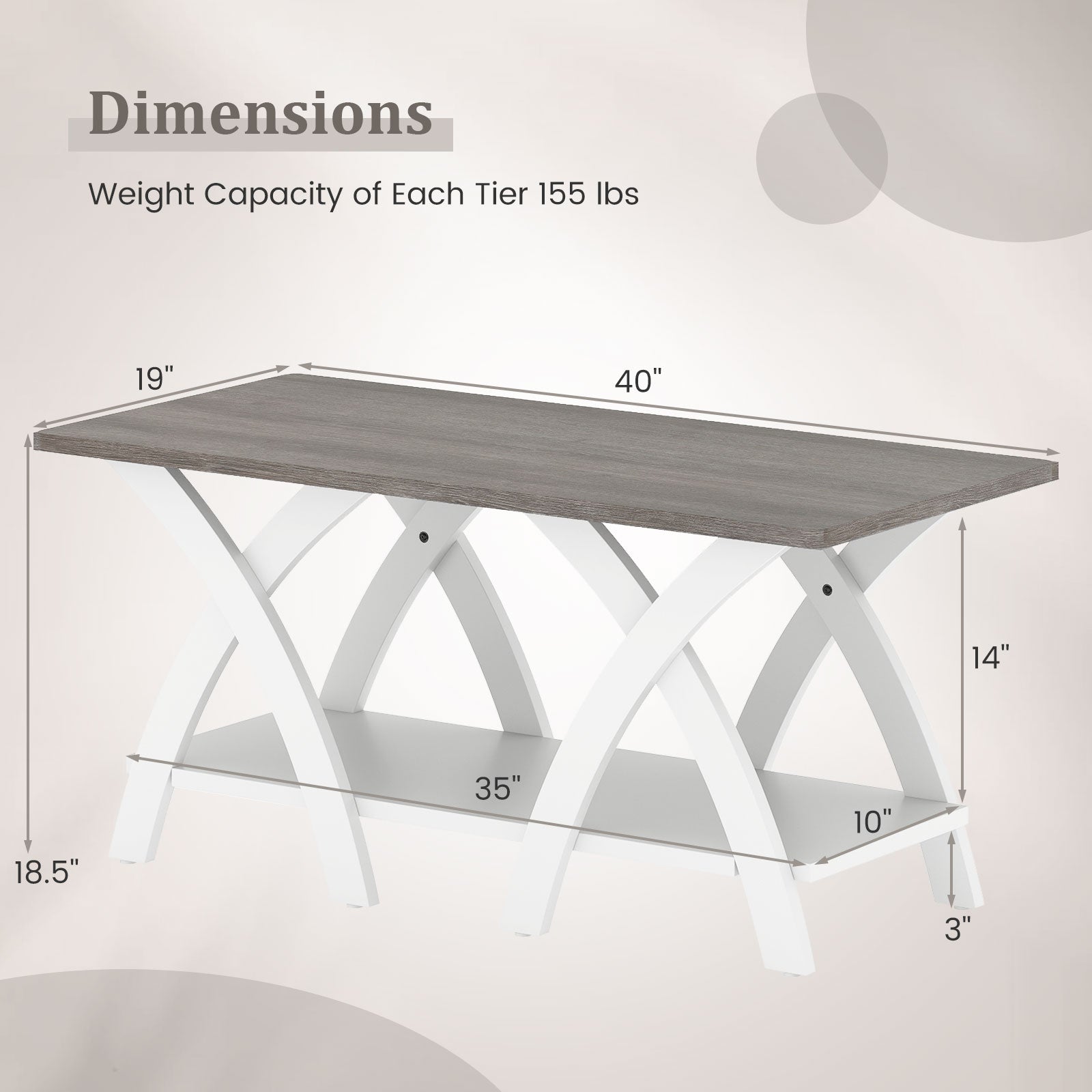 40 Inch Farmhouse Wooden Coffee Table with Storage Shelf with X-shaped Legs-Gray
