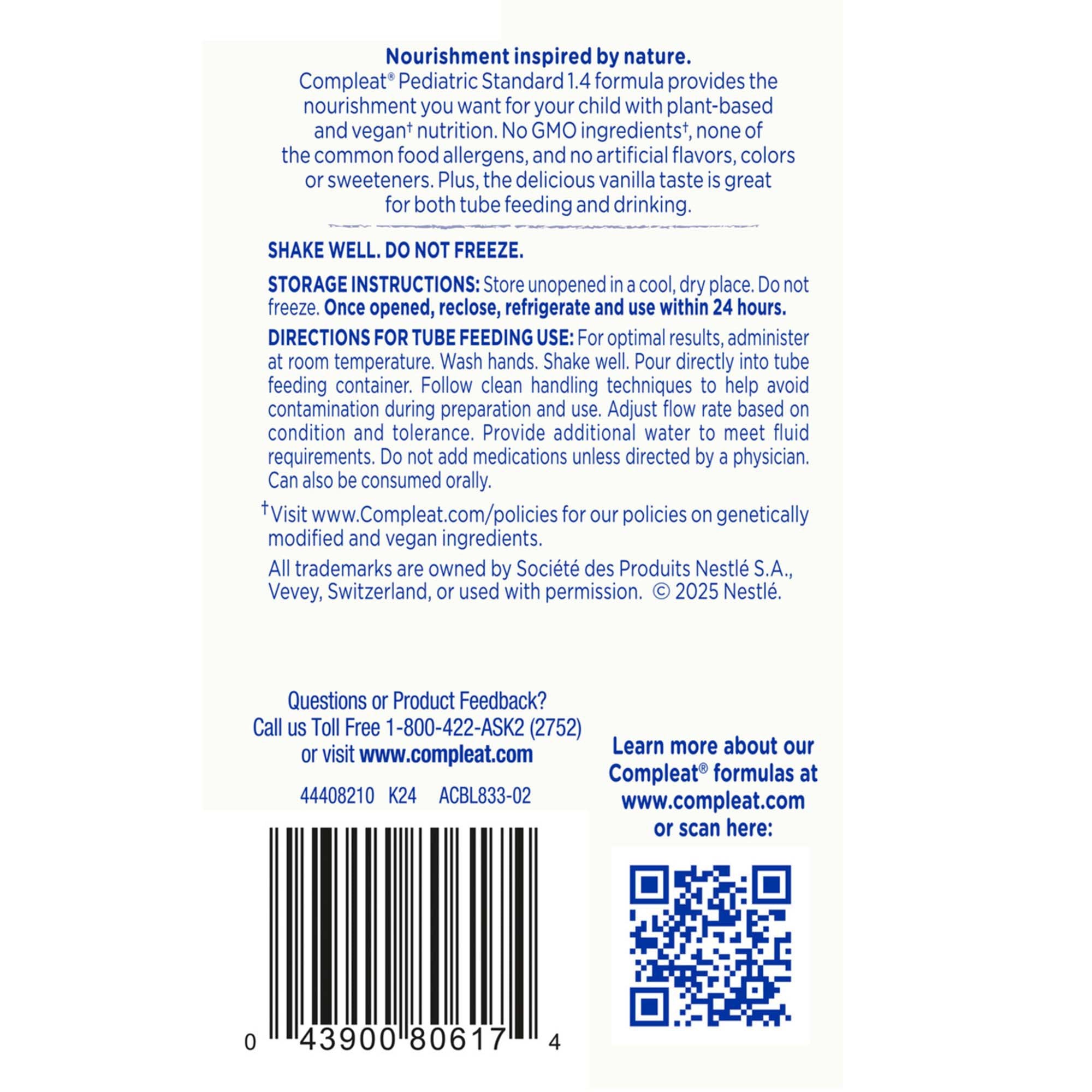 Compleat® Pediatric Standard Plant-Based 1.4 Cal Tube Feed Formula, Vanilla 00043900103563